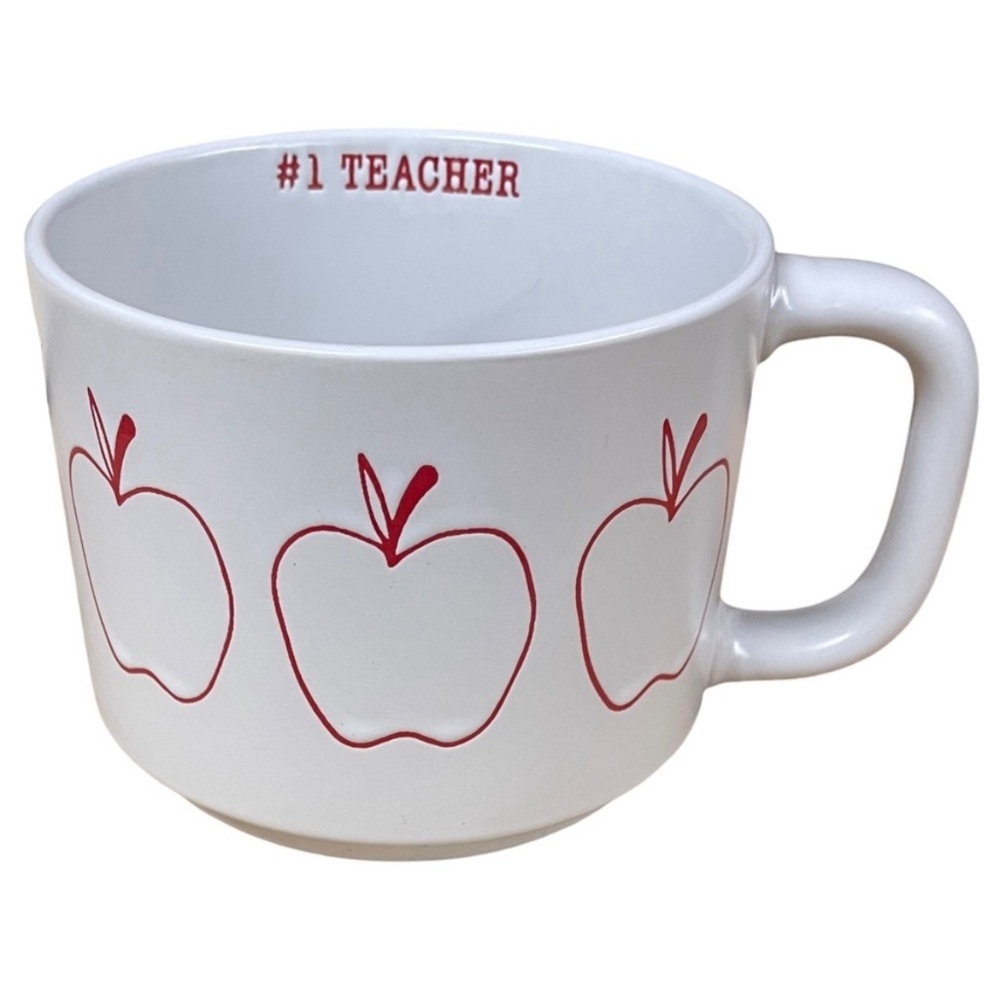 #1 TEACHER ceramic MARKET FINDS mug etched red Apple outline tea soup coffee cup